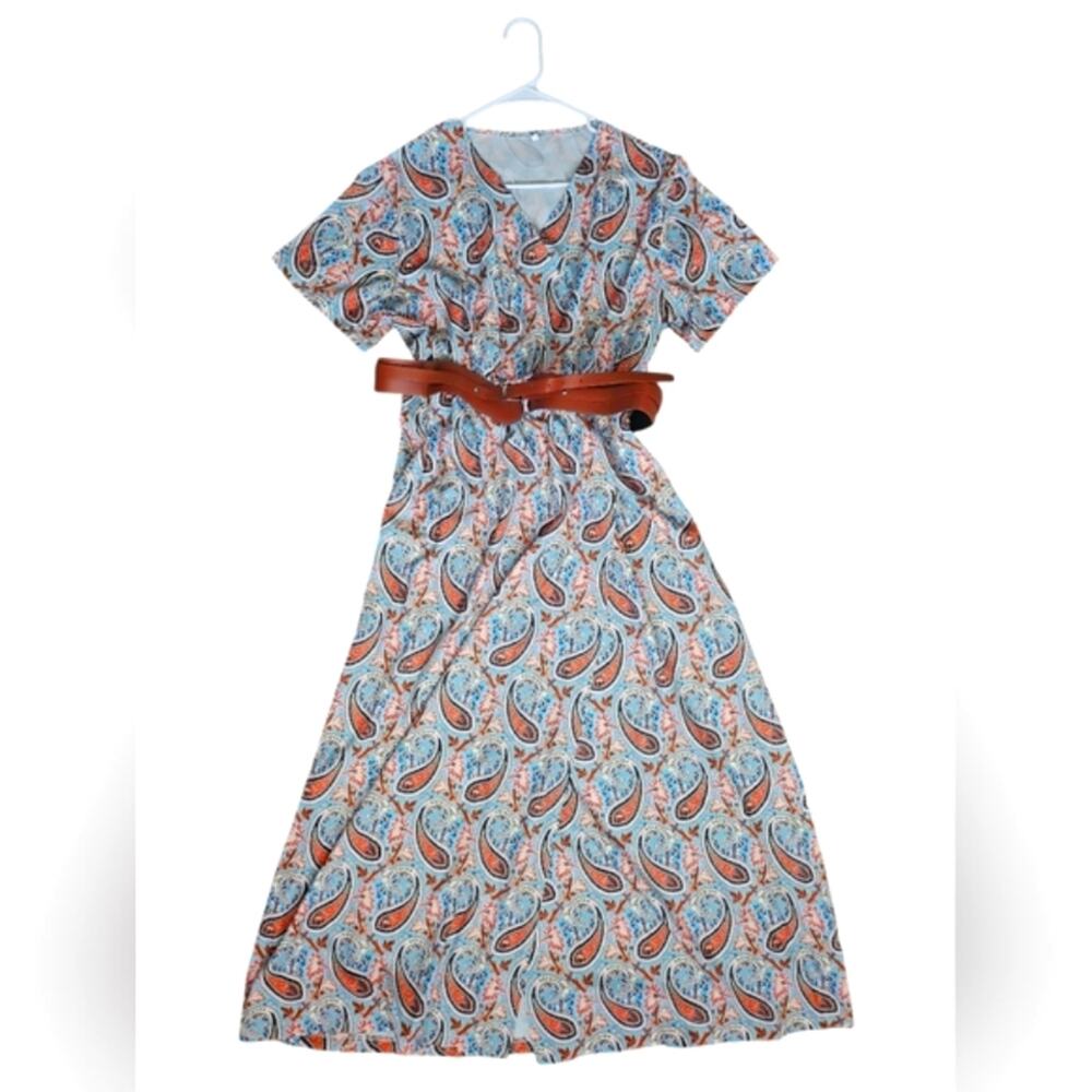 Paisley Print Maxi Dress with Brown Belt 2XL